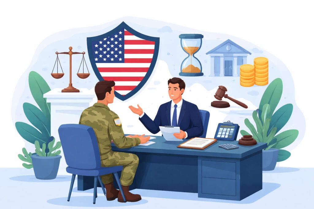 Flat vector illustration showing a Florida military service member consulting with a bankruptcy attorney, symbolizing legal protection and financial relief