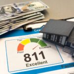 Credit score report showing 811 score with cash and model home representing rebuilding credit after bankruptcy in Florida